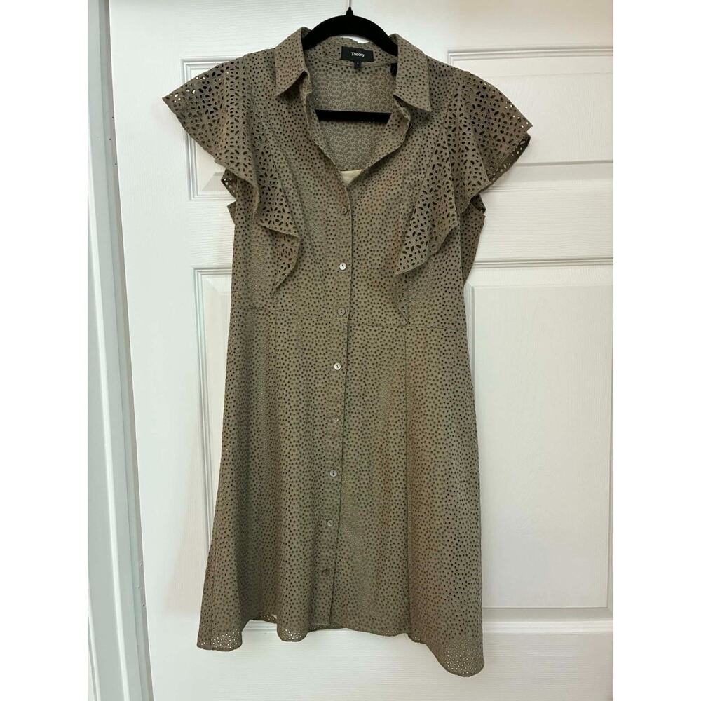 Theory Nova Eyelet Ruffle Dress 6 Taupe Button Front Cotton